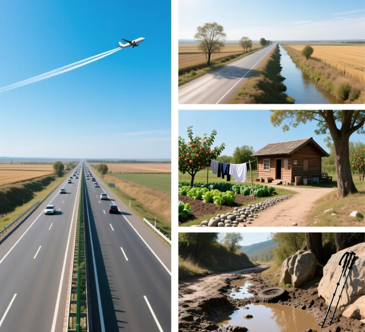 A plane flying in a clear blue sky over a highway surrounded by fields.