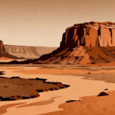 A desert landscape featuring towering red rock formations and a winding river, set against a warm-toned sky.